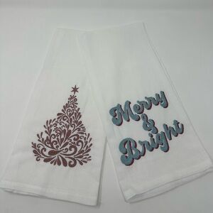 Festive Embroidered Kitchen Towels - White Christmas Tree “Merry & Bright” set